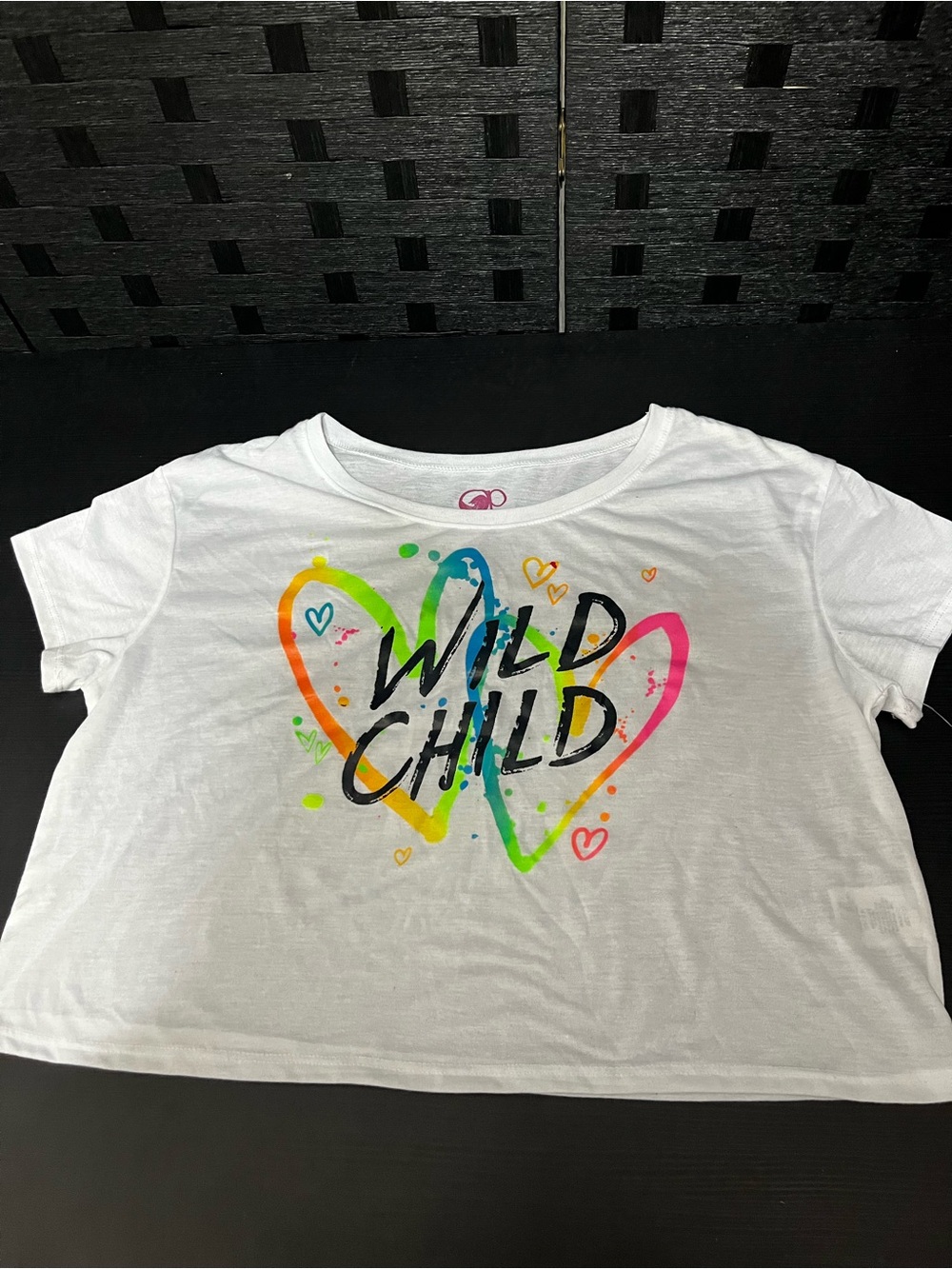 Wild Child White Crop Top with 'WILD CHILD' Text Heart Graphic Size L NWOT